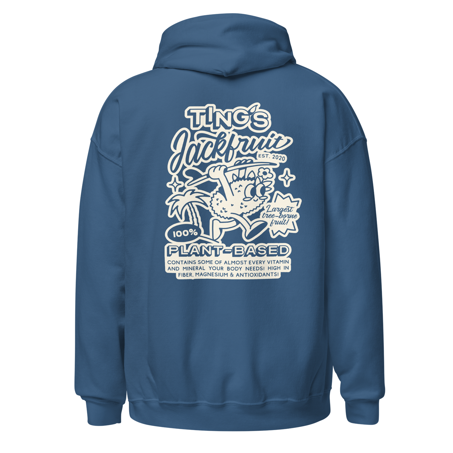 Ting's indigo unisex hoodie with Ting's logo on back