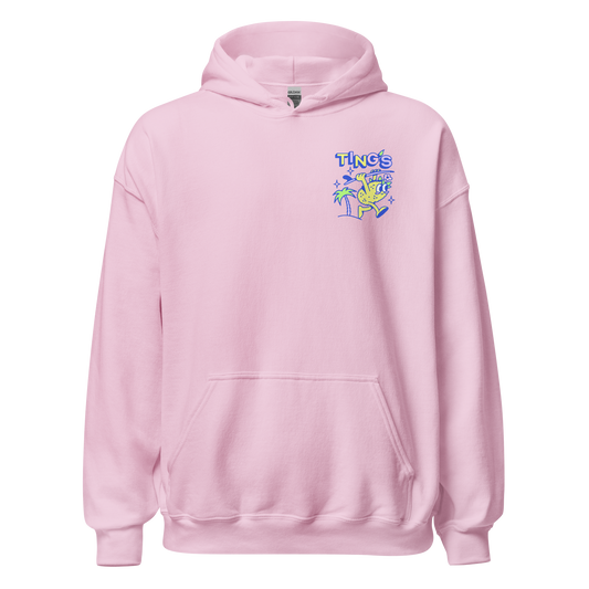 Ting's pink unisex hoodie with Ting's logo on front
