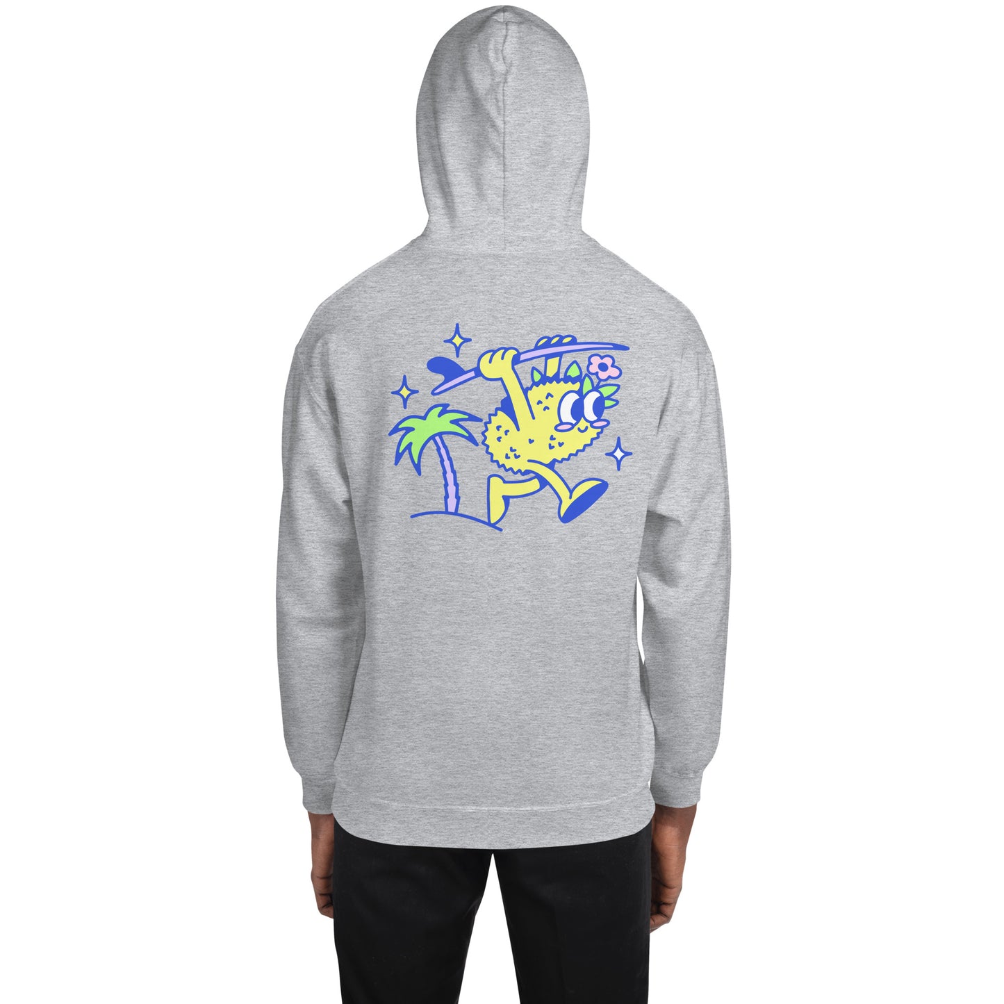 Guy wearing Ting's heather grey unisex hoodie with Ting's logo on back