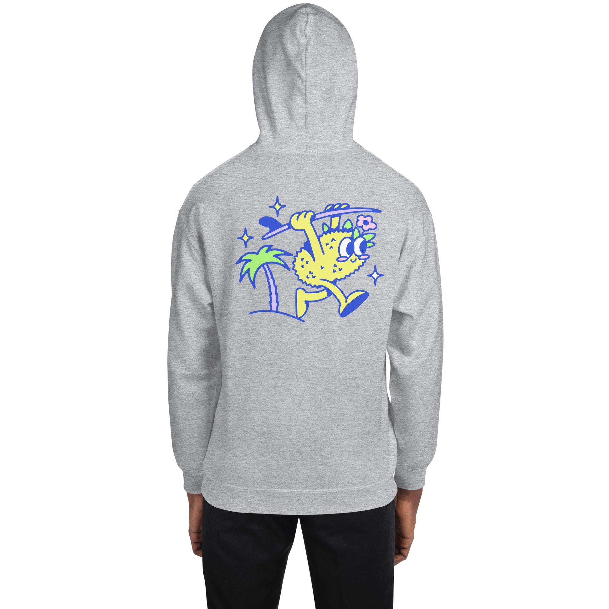 Guy wearing Ting's heather grey unisex hoodie with Ting's logo on back