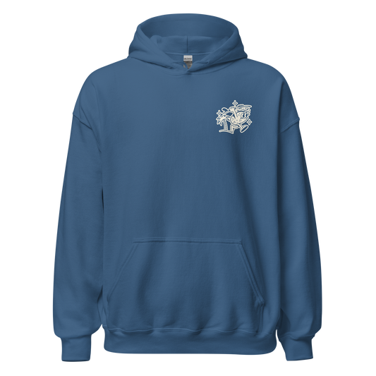 Ting's indigo unisex hoodie with Ting's logo on front