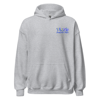 Ting's heather grey unisex hoodie with Ting's logo on front